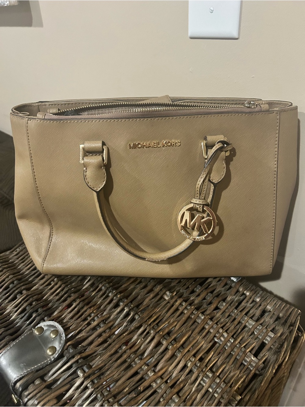 Michael Kors Tan Leather Tote with Gold-Tone MK Charm. Minimal wear as shown.